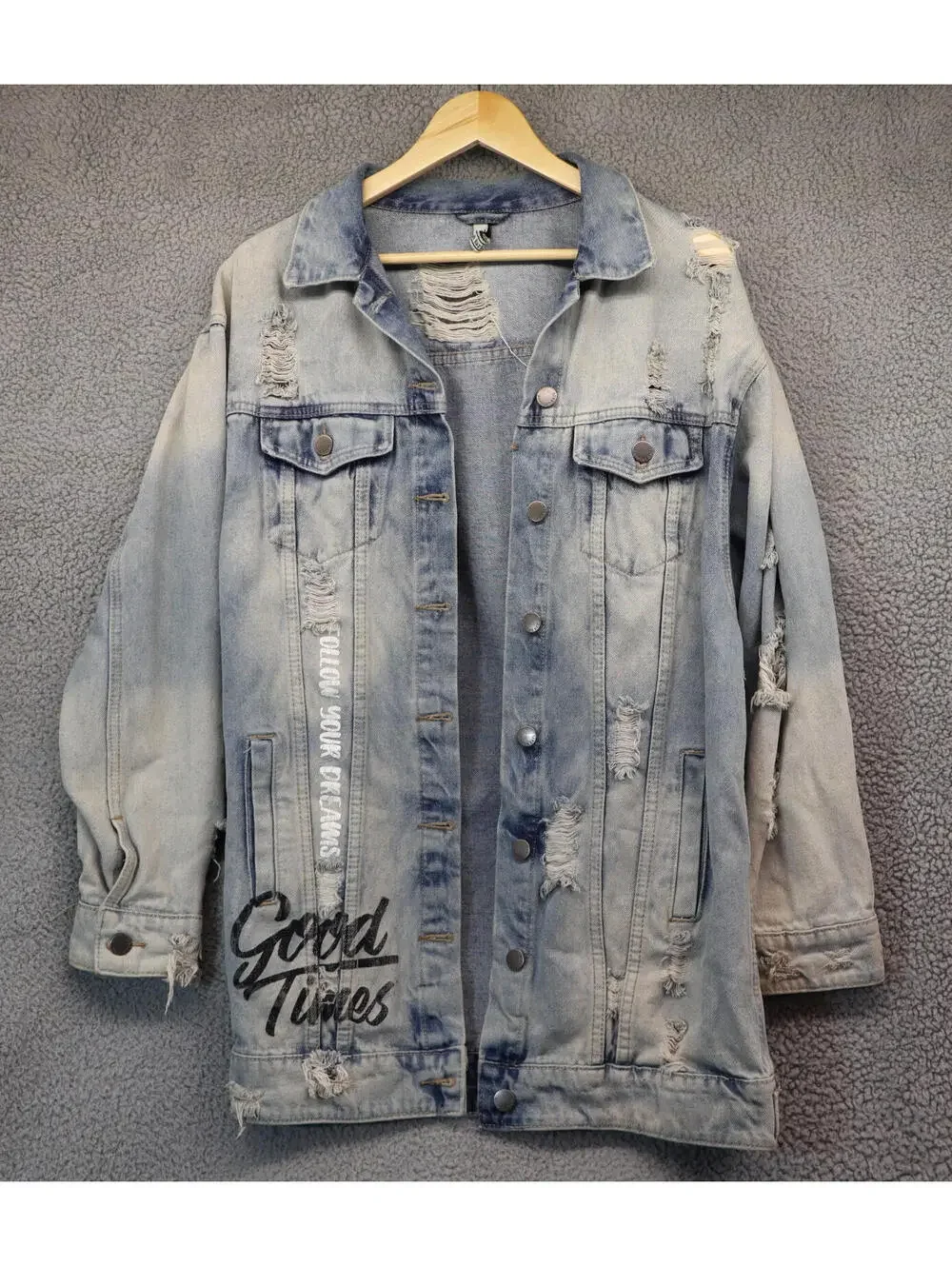 Jean Jacket Long Womens Large American Bazi Distressed Denim - Picture 3 of 11